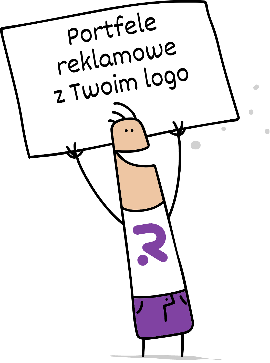 Buddy trzymający napis portfele reklamowe z Twoim logo